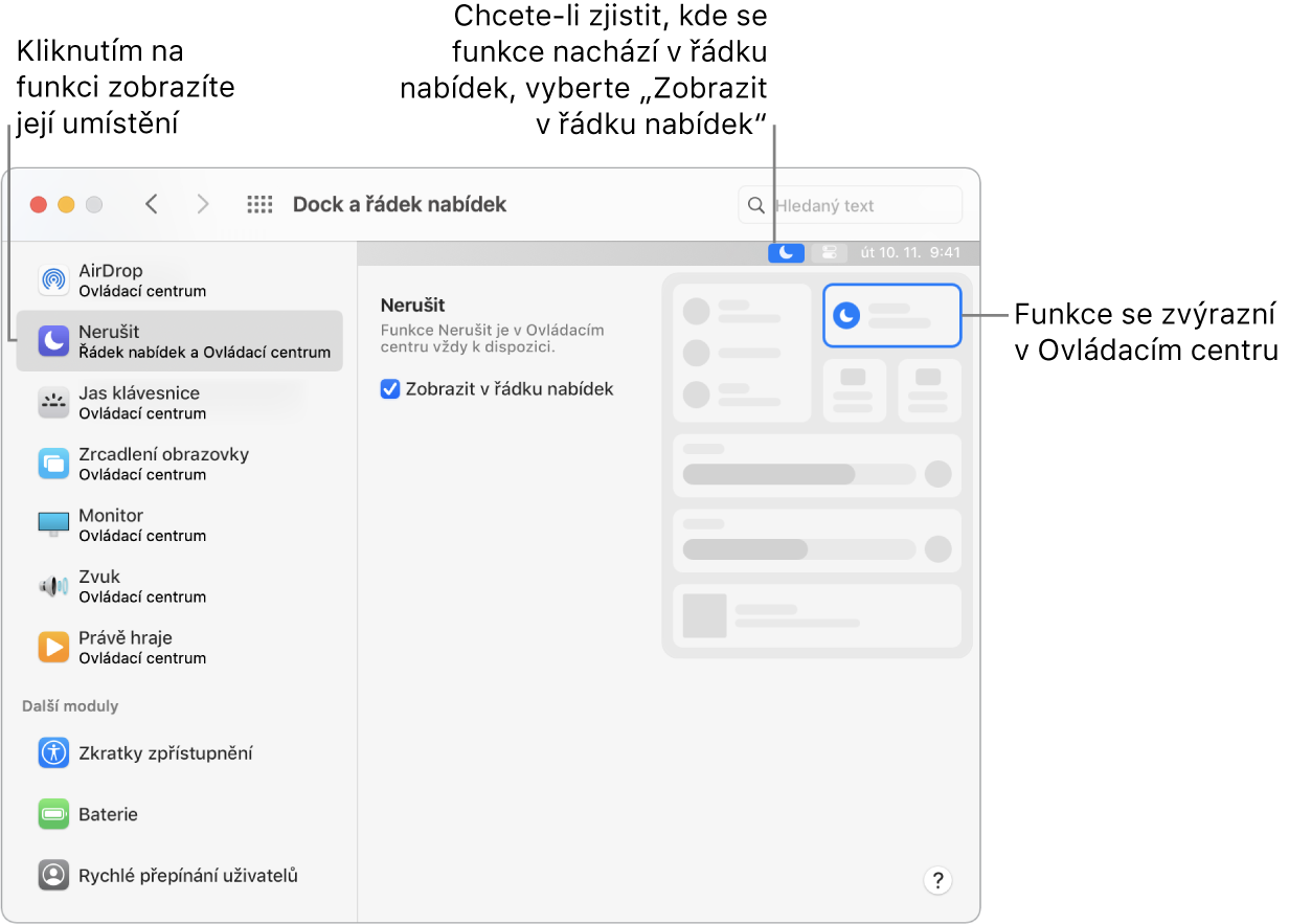 Okno předvoleb Dock a řádek nabídek