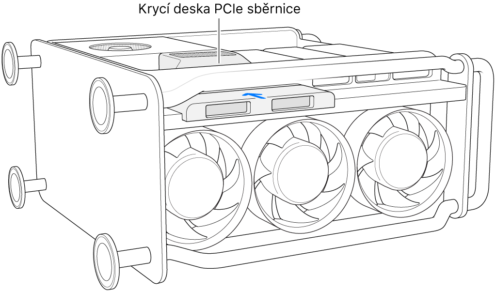 Mac Pro položený na boku; uvnitř je vidět držák PCIe a kryt SSD