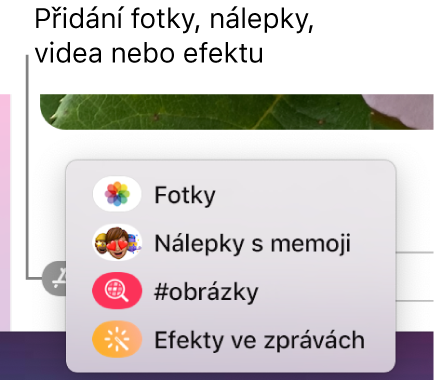 Nabídka Aplikace s volbami pro zobrazení fotek, nálepek s memoji, GIFů a efektů ve zprávách.