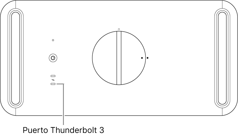La parte superior de un Mac Pro, en la que se señala el puerto Thunderbolt 3 correcto a usar.