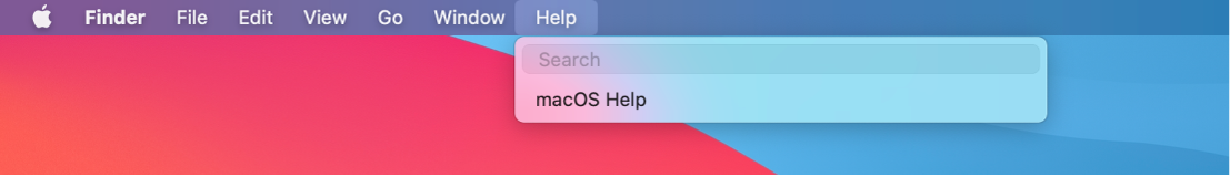 Darbalaukio dalis, atidarytas pagalbos meniu ir rodomos „Search“ bei „macOS Help“ parinktys.