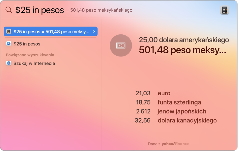 Zrzut ekranu przedstawiający konwersję dolarów na pesos. Najcelniejsze trafienie to konwersja, a poniżej widocznych jest kilka wyników do wyboru.
