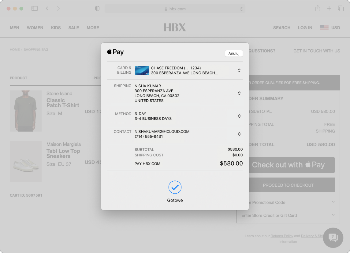 Zrzut ekranu Maca przedstawiający przebieg zakupu w Internecie przy użyciu Apple Pay i przeglądarki Safari.
