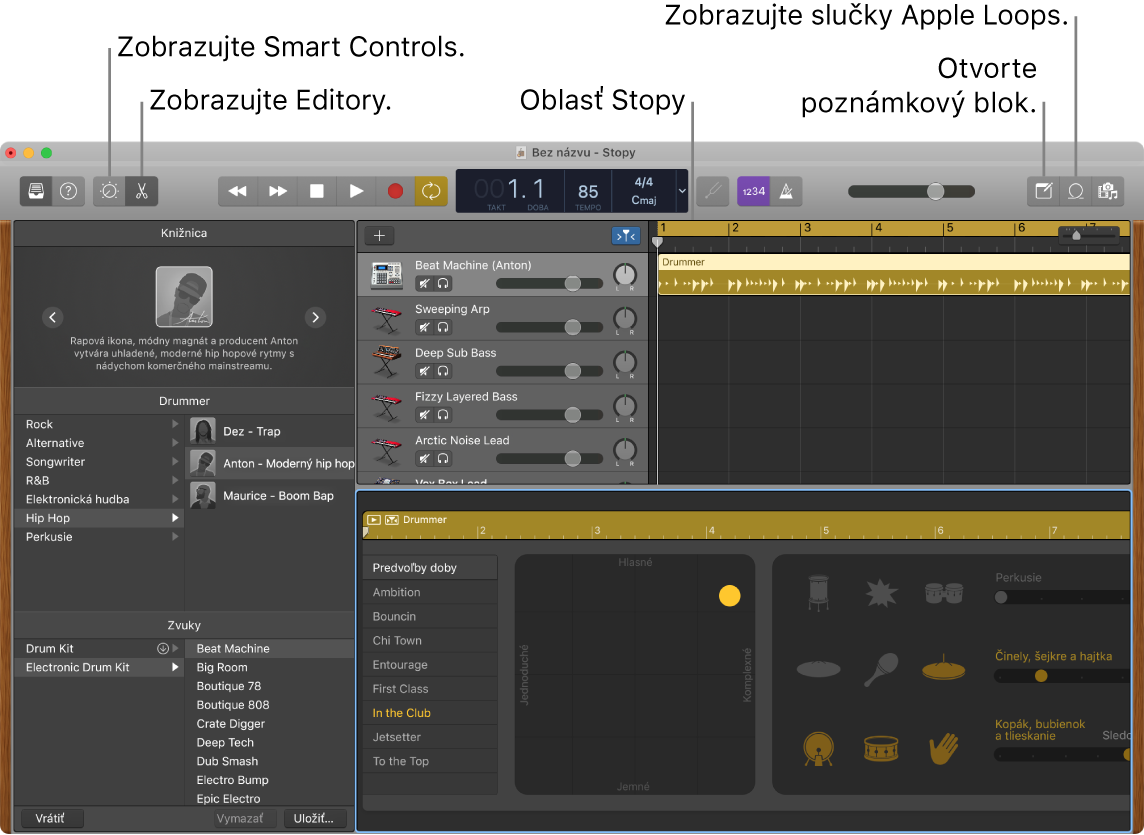 Okno aplikácie GarageBand znázorňujúce tlačidlá na prístup k dynamickému ovládaniu, editorom, poznámkam a súborom Apple Loops. Znázornené je tiež zobrazenie stôp.