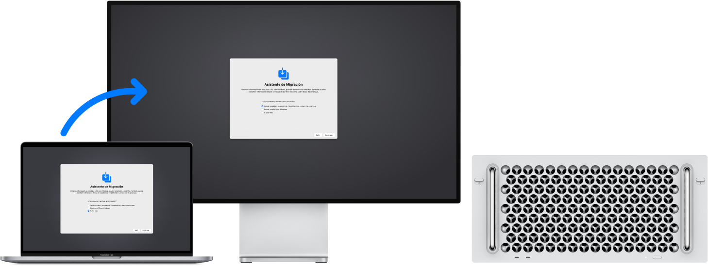 Una MacBook mostrando la pantalla de Asistente de Migración conectada a una Mac Pro nueva que también tiene la pantalla de Asistente de Migración abierta.