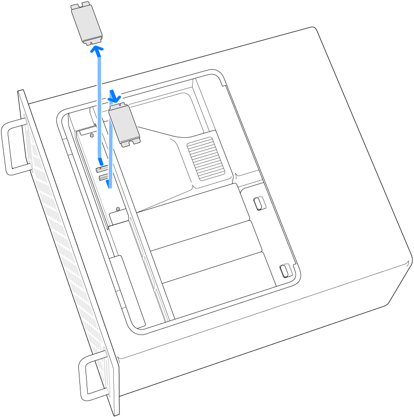 Mac Pro sur le côté et montrant deux modules SSD se faisant retirer.