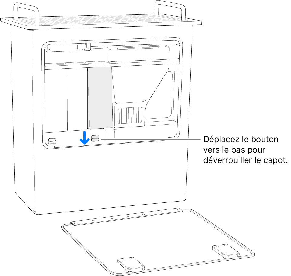 Mac Pro reposant sur son extrémité, avec le bouton qui débloque le cache de DIMM mis en évidence.