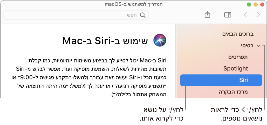 מציג העזרה המראה כיצד לצפות בנושאים המופיעים בסרגל הצד וכיצד להציג את התוכן של נושא.