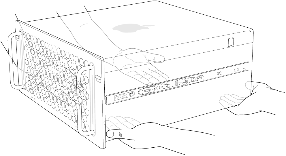 „Mac Pro“, keliamas keturiomis rankomis.