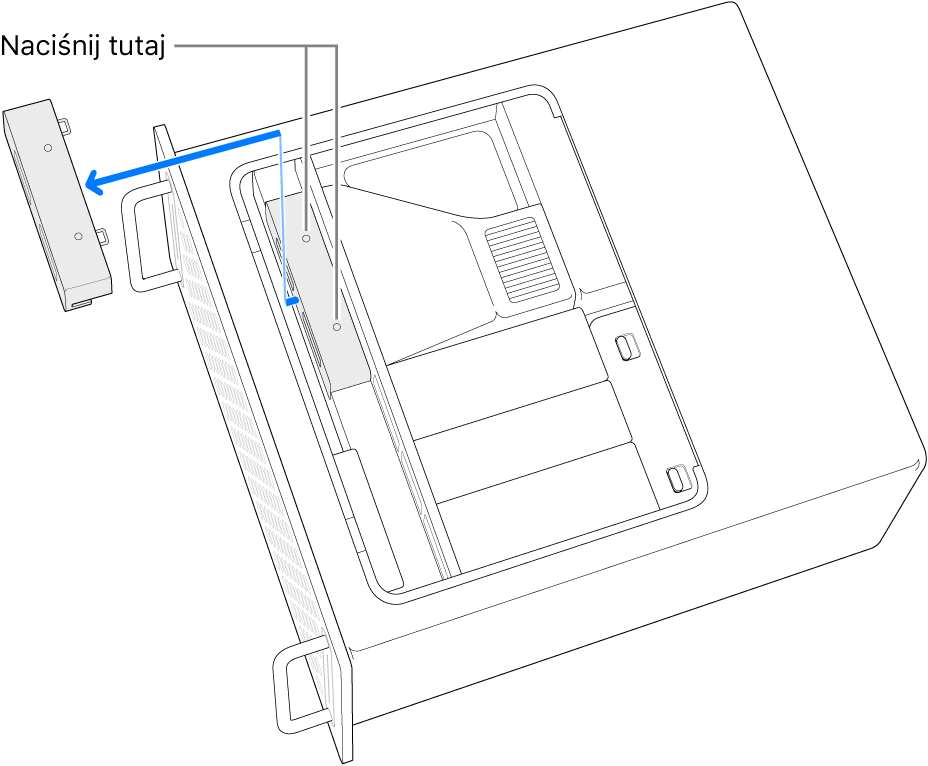 Mac Pro położony na boku; pokazane jest miejsce, które należy nacisnąć w celu zdjęcia osłony SSD.