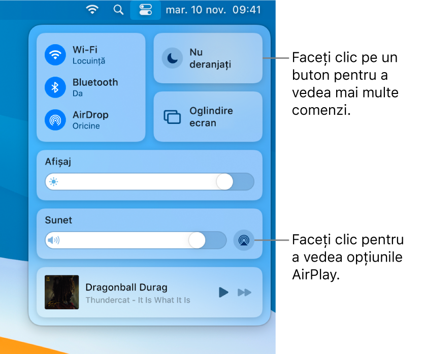 Vizualizare mărită a centrului de control de pe Mac.