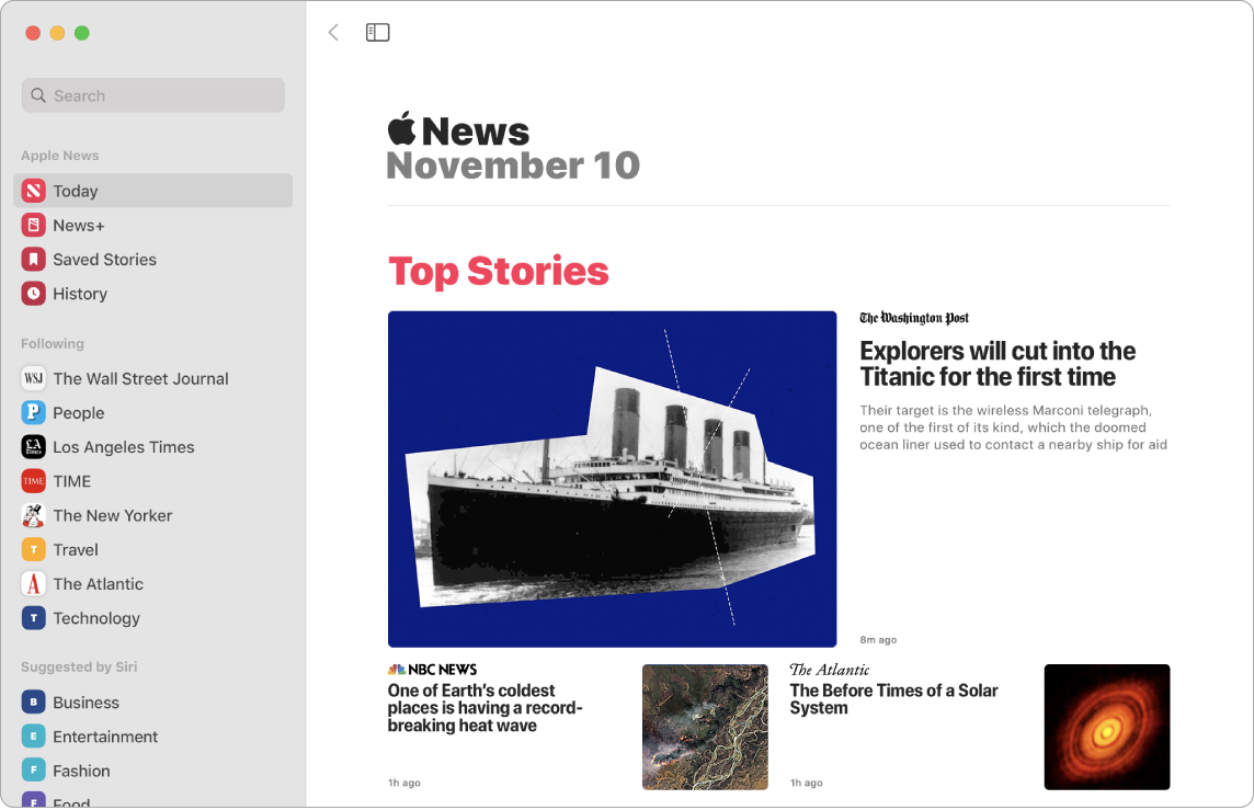 Okno aplikace News se seznamem sledování a zobrazením Top Stories