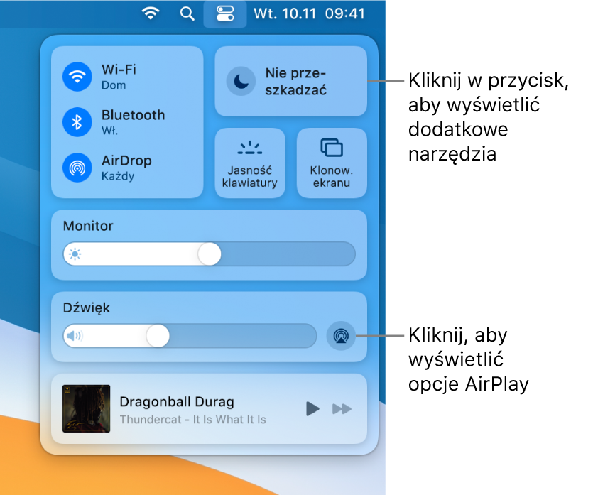 Przybliżony widok centrum sterowania na Macu.