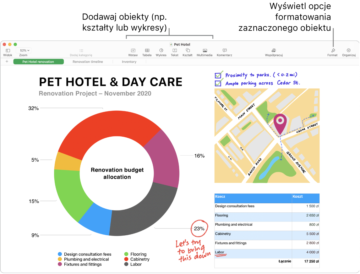 Okno aplikacji Numbers z paskiem narzędzi oraz narzędziami edycji (u góry), przyciskiem udostępniania (po prawej u góry) oraz przyciskami Format i Organizuj (po prawej). Widoczny jest pasek boczny Format z kartą Wykres.