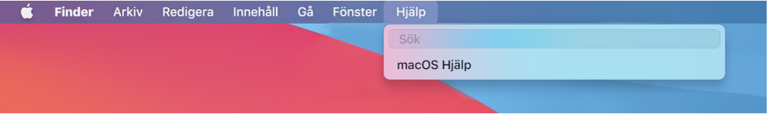 En del av skrivbordet med en öppen Hjälp-meny som visar menyalternativ för sökning och macOS Hjälp.