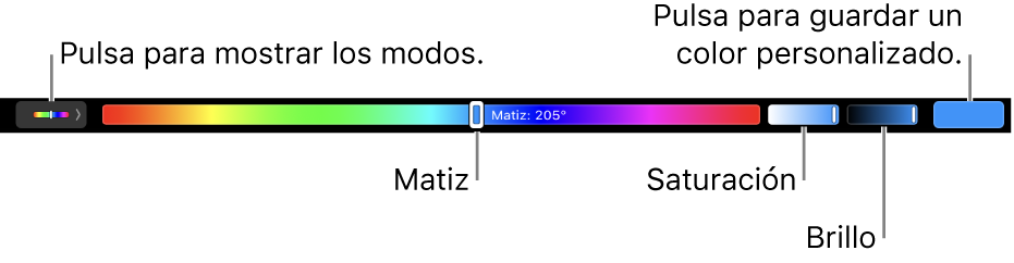La Touch Bar con los reguladores de matiz, saturación y brillo para el modo HSB. En el extremo izquierdo hay un botón para mostrar todos los modos; a la derecha, el botón para guardar un color personalizado.
