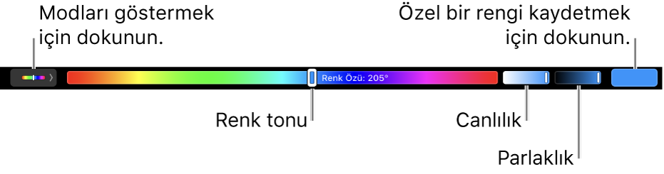 HSB modu için renk özü, doyma ve parlaklık sürgülerini gösteren Touch Bar. Sol uçtaki, tüm modları gösteren düğmedir; sağdaki ise özel bir rengi gösteren düğmedir.