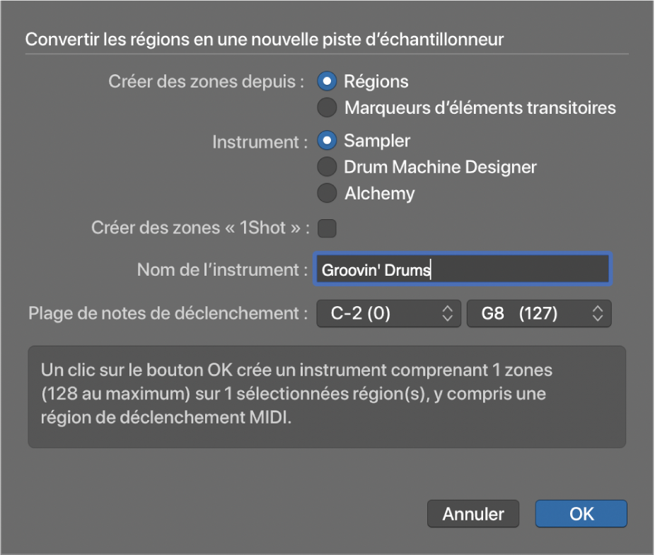 Figure. Zone de dialogue Convertir les régions en une nouvelle piste d’échantillonneur.