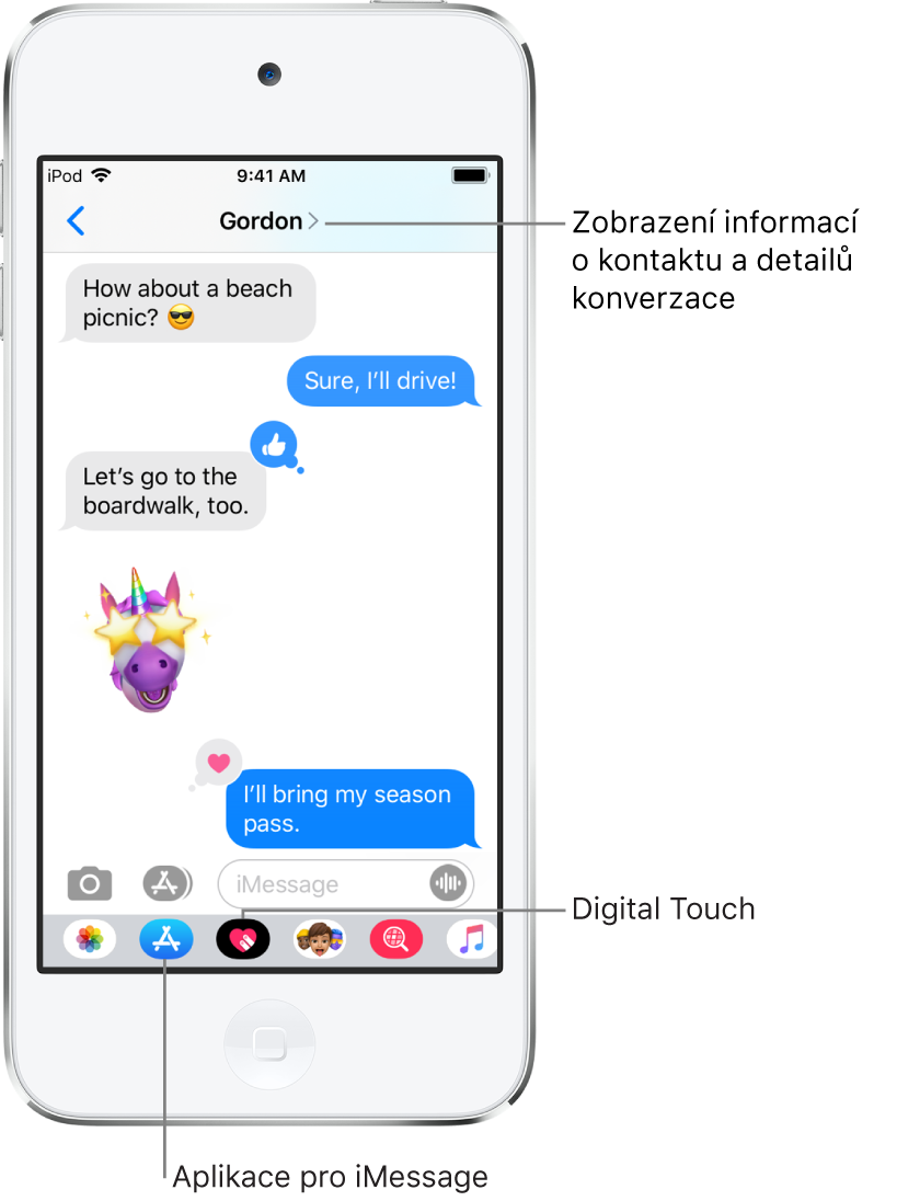 Konverzace ve Zprávách. U horního okraje se nachází zleva doprava tlačítko Zpět a jméno osoby, s kterou konverzujete. Uprostřed se zobrazují zprávy odeslané a přijaté během konverzace. Podél dolního okraje jsou zleva doprava tlačítka Fotky, Obchody, Hashtagy, Hudba, Digital Touch a iMessage.