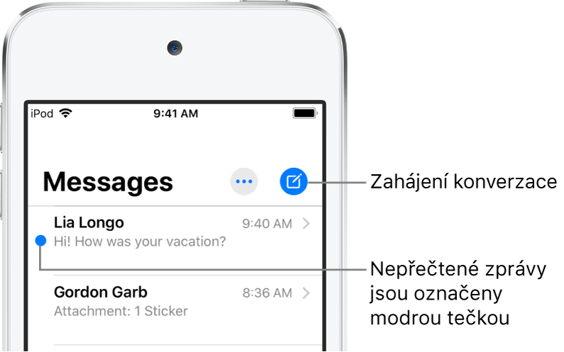 Seznam Zprávy s tlačítkem Upravit vlevo nahoře a tlačítkem Sestavit vpravo nahoře. Nepřečtené zprávy jsou označeny modrou tečkou vlevo od zprávy.