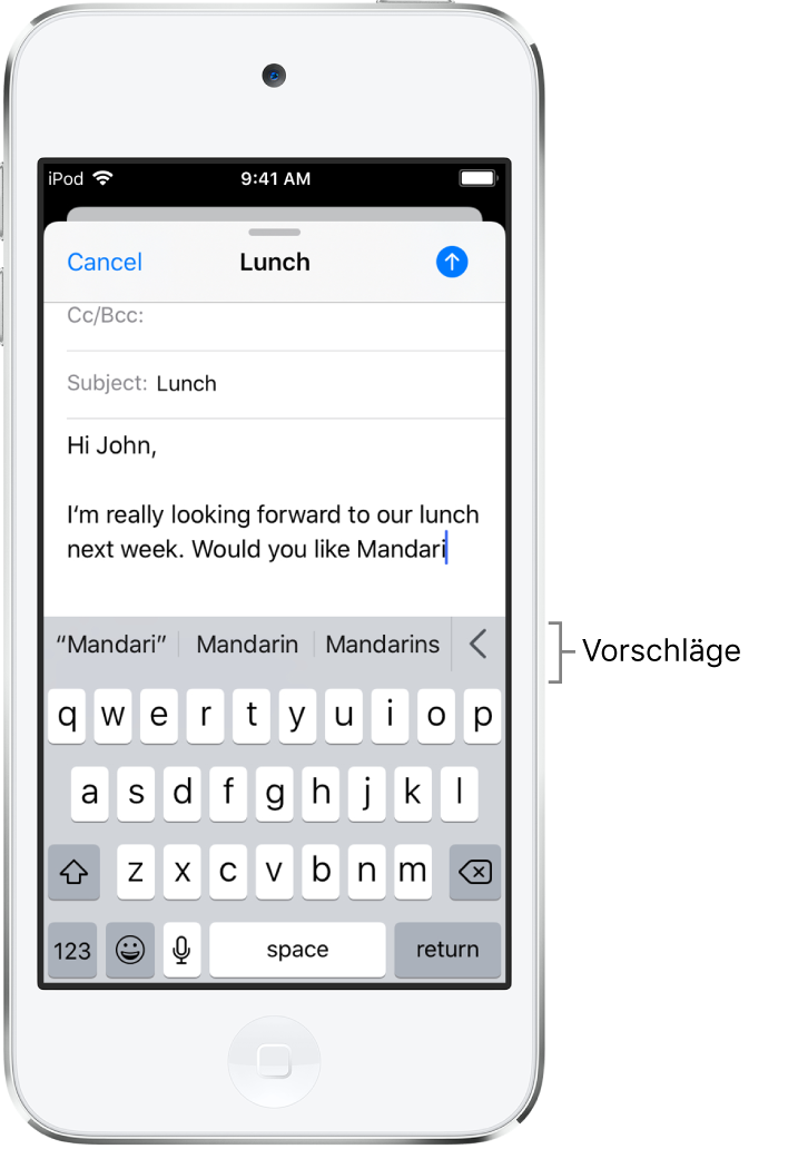 Eine E-Mail-Nachricht mit dem Anfang einer neuen Nachricht und Vorschlägen zur Vervollständigung des aktuell eingetippten Worts.