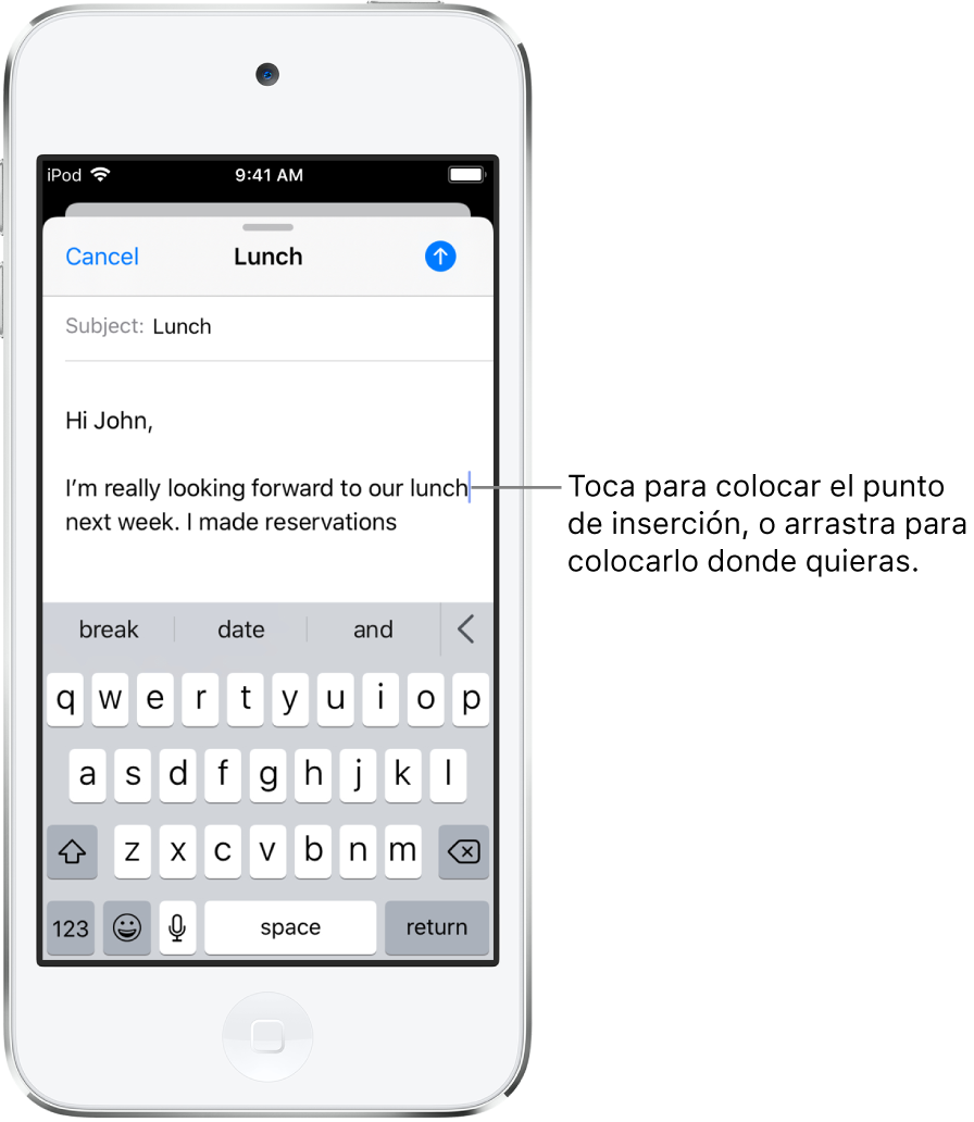 El borrador de un correo mostrando el punto de inserción donde se insertará el texto.