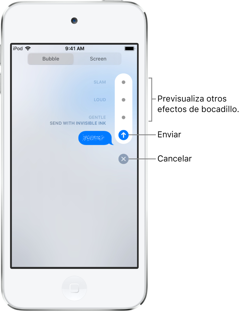 Vista previa de un mensaje con el efecto de tinta invisible. En la parte de la derecha, pulsa un control para previsualizar otros efectos de bocadillo. Vuelve a pulsar el mismo control para enviar el mensaje o pulsa el botón Cancelar para volver a él.