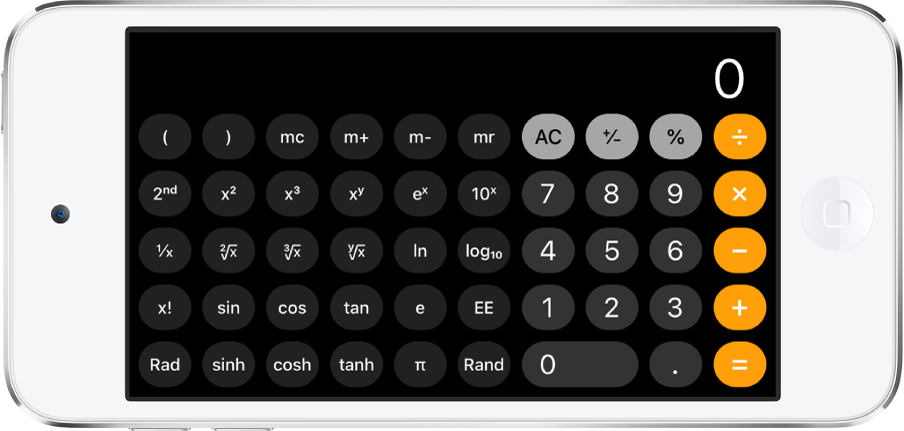 iPod touch en orientation paysage affichant la calculette scientifique avec les fonctions exponentielles, logarithmiques et trigonométriques.