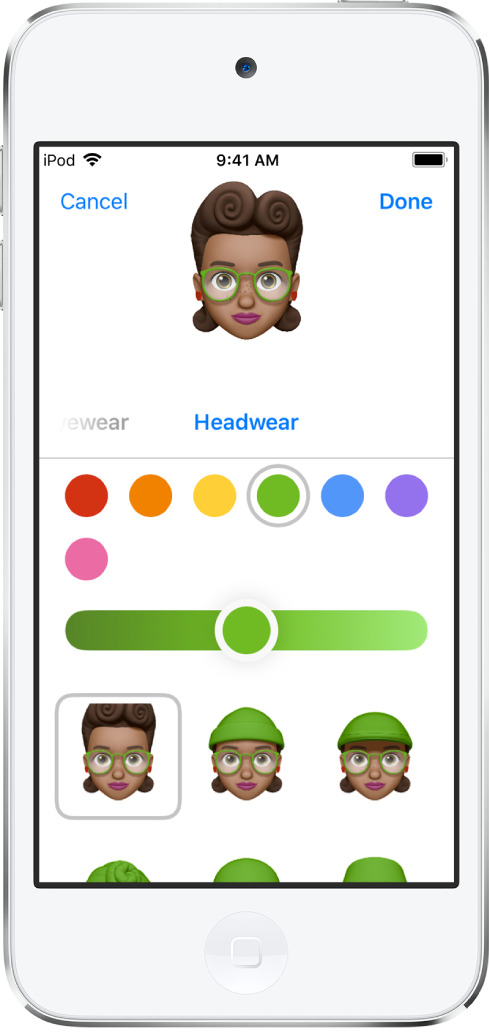 L’écran de création d’un Memoji, montrant un personnage en cours de création en haut, les caractéristiques physiques sous le personnage et les options de personnalisation pour la caractéristique sélectionnée en dessous. Le bouton OK se trouve en haut à droite et le bouton Annuler est en haut à gauche.