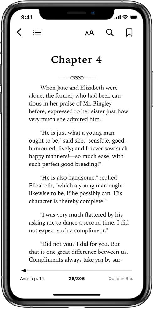 Pàgina d’un llibre obert a l’app Llibres amb els botons a la part superior de la pantalla, d’esquerra a dreta, per tancar un llibre, veure la taula de continguts, canviar el text, fer cerques i afegir un marcador. A la part inferior de la pantalla hi ha un regulador.