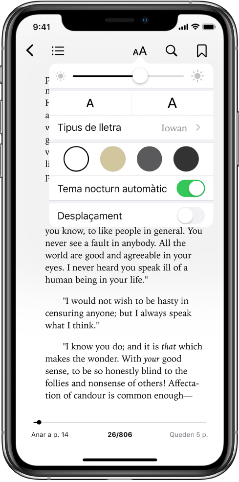 Menú d’aparença que mostra els controls, de dalt a baix, de brillantor, mida de la lletra, tipus de lletra, color de la pàgina, tema nocturn automàtic i desplaçament.