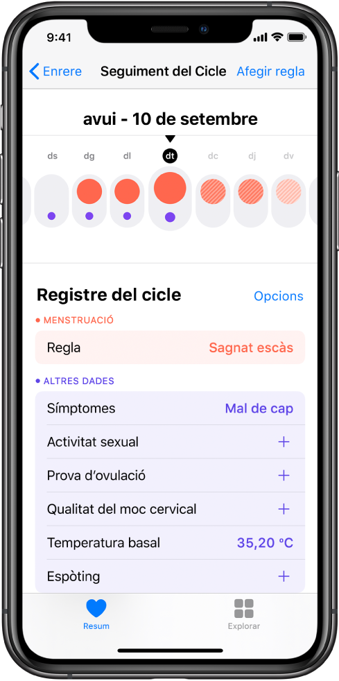 Pantalla “Seguiment del cicle” a l’app Salut.