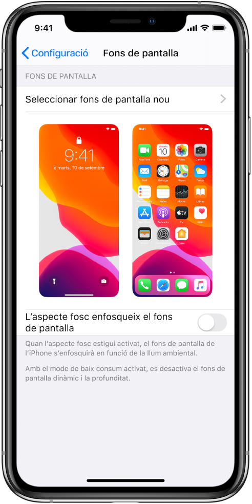 Pantalla de configuració del fons de pantalla, amb el botó per seleccionar-ne un de nou al capdamunt i imatges de la pantalla bloquejada i la pantalla d’inici amb el fons de pantalla actual.