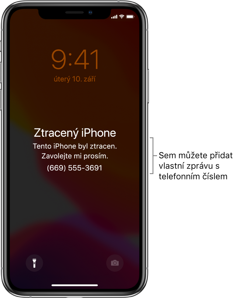 Zamčená obrazovka iPhonu se zprávou: „Ztracený iPhone. Tento iPhone byl ztracen. Zavolejte mi prosím. (669) 555-3691.“ Podle potřeby si můžete nastavit vlastní zprávu s telefonním číslem.
