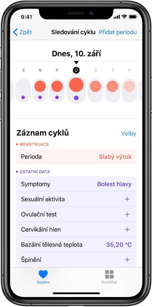Obrazovka Sledování cyklu v aplikaci Zdraví.