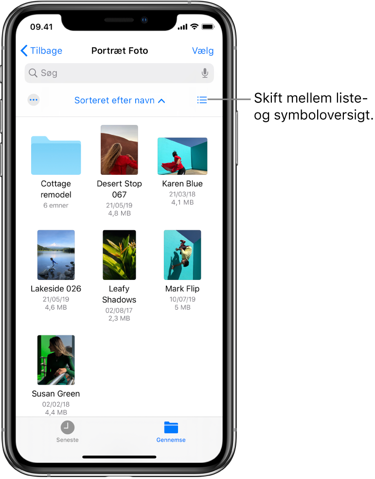 En iCloud Drive-placering til arkiver inden for fotografering. Emnerne er sorteret efter navn og består af en mappe, der hedder Cottage remodel, og seks dokumenter: Desert Stop, Karen Blue, Lakeside, Leafy Shadows, Mark Flip og Susan Green. Øverst til højre er der en knap, der kan bruges til at skifte mellem listeoversigt og symboloversigt.