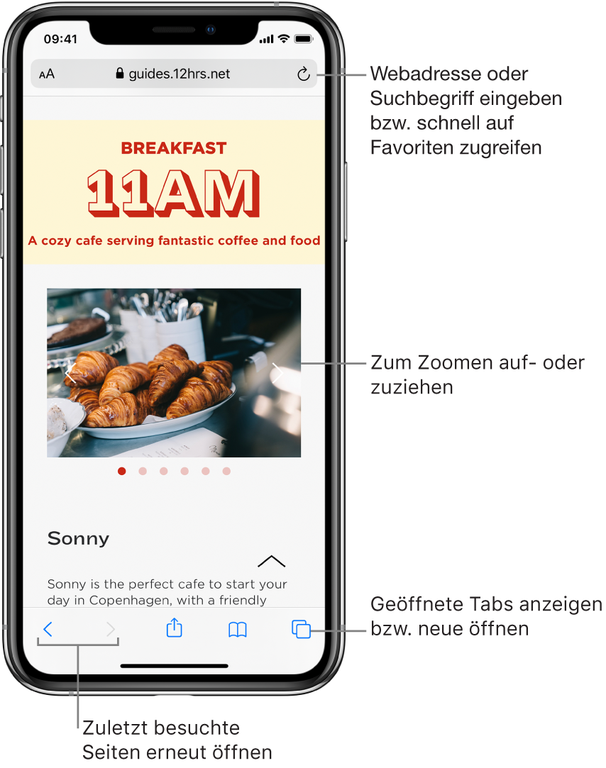 Eine im Fenster „Safari“ geöffnete Website mit dem Adressfeld oben. Unten sind von links nach rechts die Tasten „Zurück“, „Vorwärts“, „Teilen“, „Lesezeichen“ und „Seiten“ zu sehen.