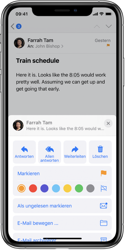 Eine E-Mail und darunter Antwortoptionen. Unter diesen Optionen befinden sich Farbauswahlen für Markierungen.