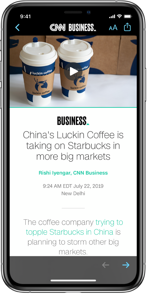 Apple Newsi artikkel. Ekraanil üleval vasakul on nupp Back, mis viib tagasi rakendusse Stocks. Ekraani ülemises paremas nurgas on nupud Text Format ja Share. Ekraani alumises paremas nurgas on nupp Next Page.
