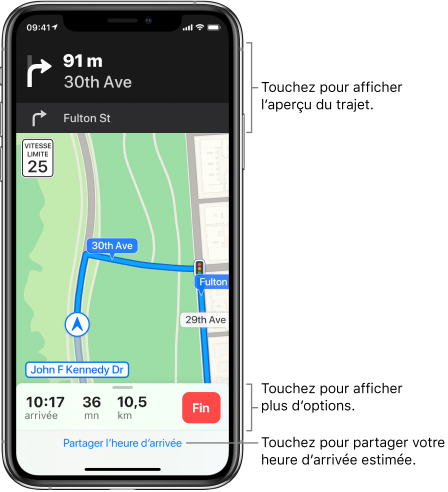 Plan affichant un itinéraire en voiture et une instruction indiquant de tourner à droite dans 90 m. L’heure d’arrivée, la durée du trajet et la distance totale parcourue s’affichent à gauche du bouton Fin vers le bas du plan. « Partager l’heure d’arrivée » s’affiche en bas de l’écran.