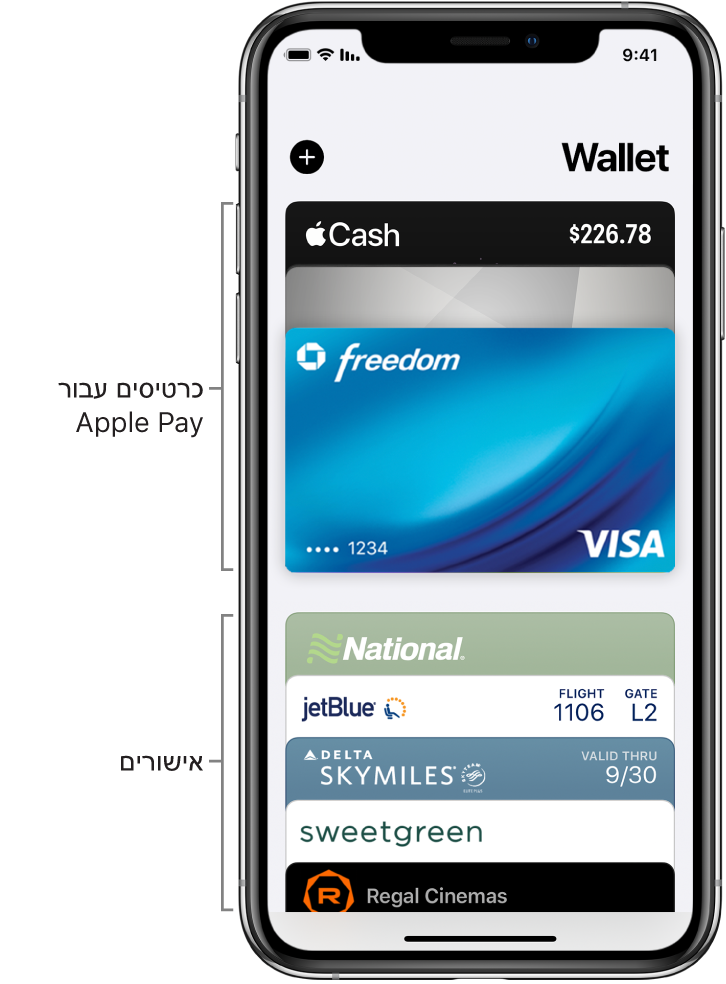 מסך Wallet, מציג כמה כרטיסי אשראי, כרטיסי חיוב ואישורים.
