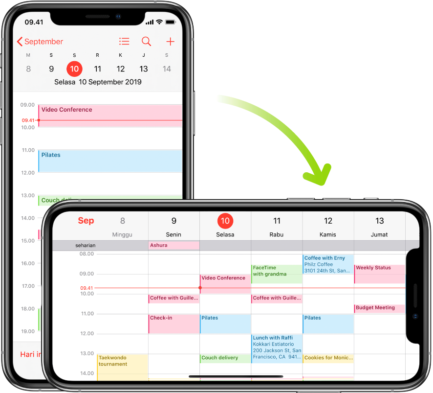 Di latar belakang, iPhone menampilkan layar Kalender, yang menampilkan acara untuk satu hari di orientasi potret; di latar depan, iPhone diputar ke orientasi lanskap, yang menampilkan acara Kalender untuk satu minggu yang berisi hari yang sama.