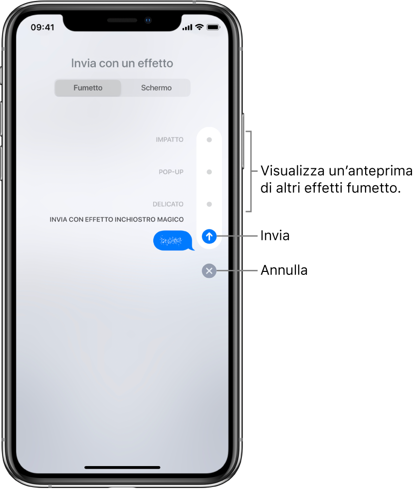 L'anteprima di un messaggio con l'effetto inchiostro magico. Sul lato destro, tocca un controllo per vedere l'anteprima di altri effetti. Tocca nuovamente lo stesso controllo per inviare, oppure tocca il pulsante Annulla, in basso, per ritornare al messaggio.