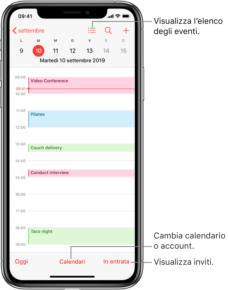 Un calendario nella vista Giorno che mostra gli eventi programmati. Tocca il pulsante Calendari nella parte bassa dello schermo per cambiare gli account da inserire in Calendario. Tocca il pulsante Entrata in basso a destra per visualizzare gli inviti.