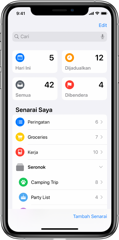 Skrin menunjukkan beberapa senarai Peringatan. Senarai pintar muncul di bahagian atas untuk peringatan hari ini, peringatan dijadualkan dan peringatan dibendera. Butang Tambah Senarai berada di bahagian kanan bawah.