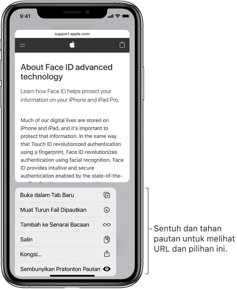Tindihan menunjukkan pratonton URL destinasi diikuti oleh senarai tindakan yang boleh: Buka, Tambah ke Senarai Bacaan, Tambah ke Foto, Salin dan Kongsi.