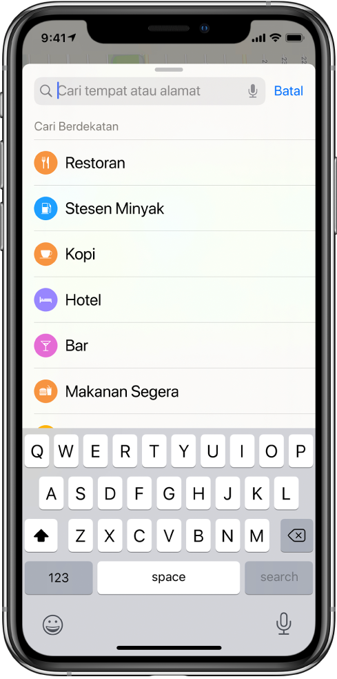 Senarai menunjukkan enam perkhidmatan muncul di bawah medan carian. Perkhidmatan tersebut adalah Restoran, Stesen Gas, Kopi, Hotel, Bar dan Makanan Segera.