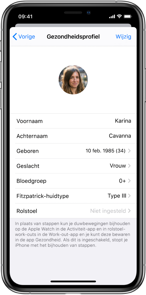 Het scherm 'Gezondheidsprofiel' van een 34-jarige vrouw met bloedgroep O+.