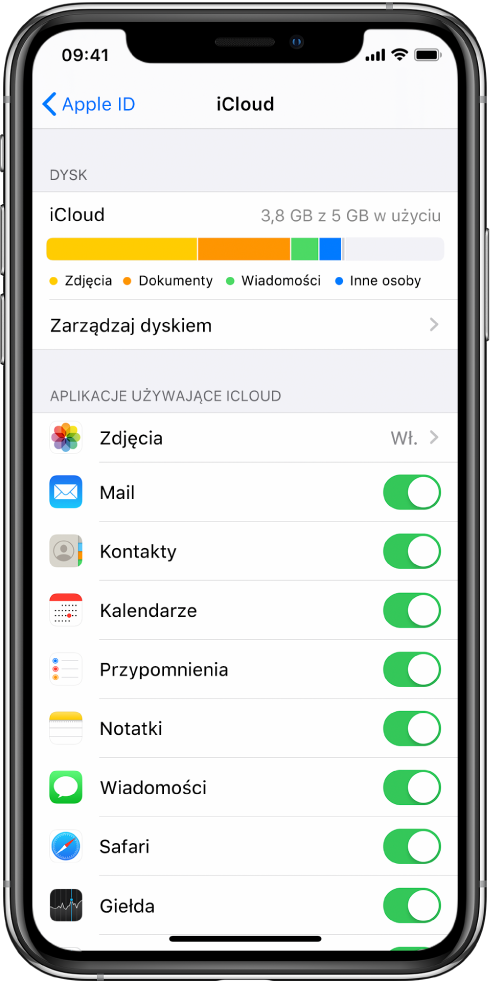 Ekran ustawień iCloud zawierający wskaźnik wykorzystania dostępnego miejsca w iCloud, listę aplikacji i funkcji, na przykład Mail, Kontakty i Wiadomości, których można używać z iCloud.