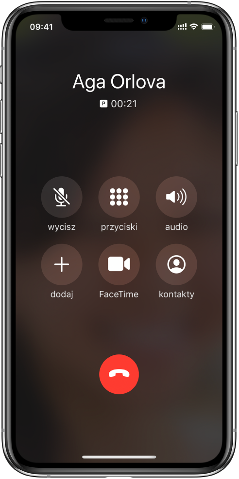Ekran iPhone'a z przyciskami widocznymi podczas połączenia telefonicznego. W górnym rzędzie (od lewej): przyciski wyciszania, wyświetlania klawiszy i przełączania na głośnik. W dolnym rzędzie (od lewej): przyciski dodawania połączenia, FaceTime i Kontaktów.